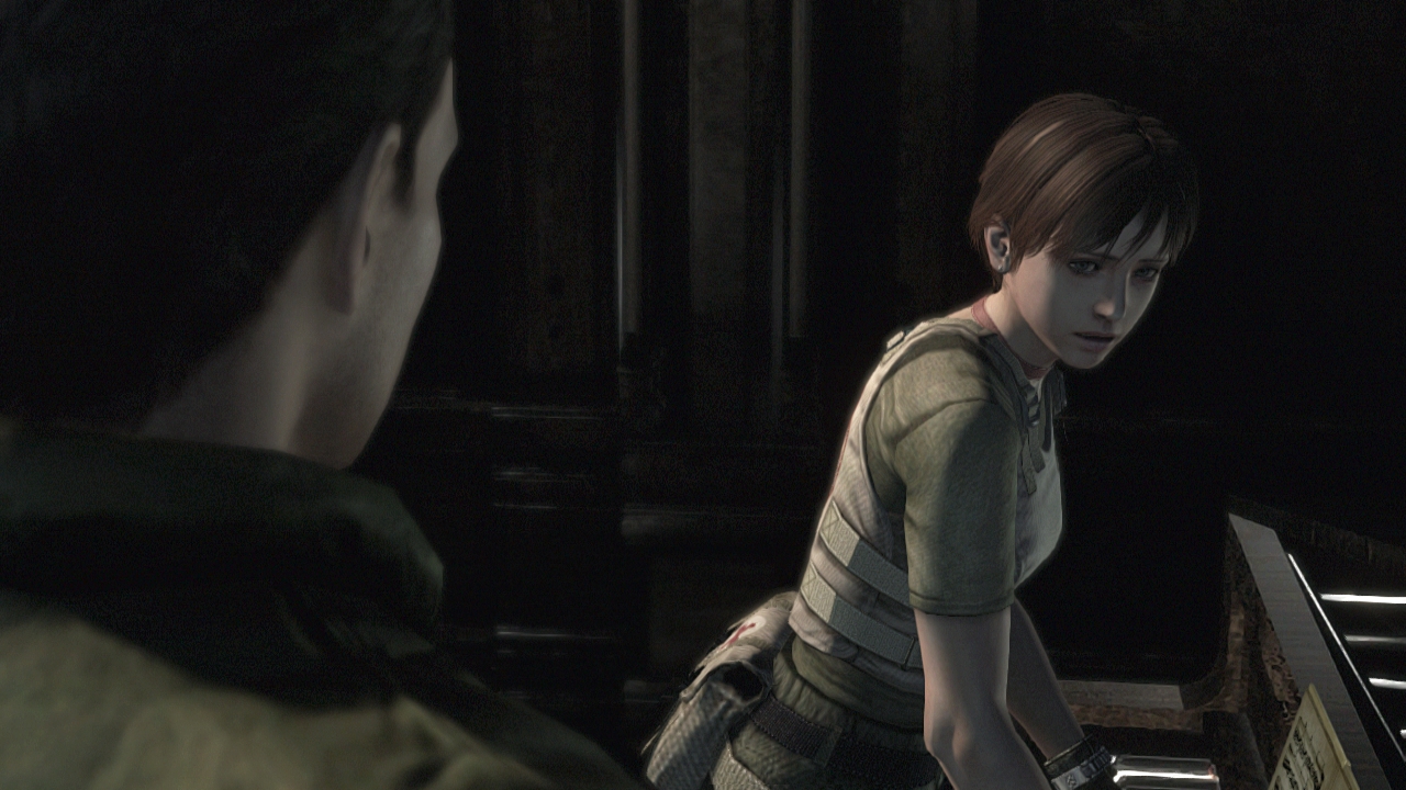 Rebecca leans over a piano in Resident Evil remake