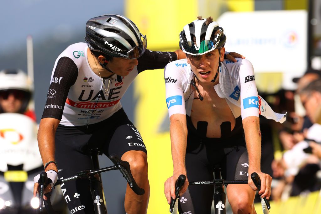 COURCHEVEL FRANCE JULY 19 LR Marc Soler of Spain and Tadej Pogacar of Slovenia and UAE Team Emirates White Best Young Rider Jersey cross the finish line during the stage seventeen of the 110th Tour de France 2023 a 1657km at stage from SaintGervais MontBlanc to Courchevel UCIWT on July 19 2023 in Courchevel France Photo by Michael SteeleGetty Images
