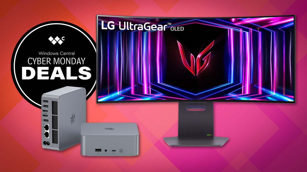 A Beelink mini PC next to a curved widescreen LG gaming monitor and a badge that says, &quot;Cyber Monday Deals.&quot;