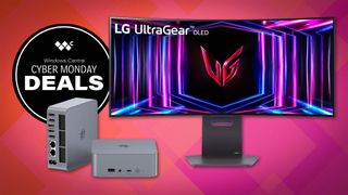 A Beelink mini PC next to a curved widescreen LG gaming monitor and a badge that says, "Cyber Monday Deals."