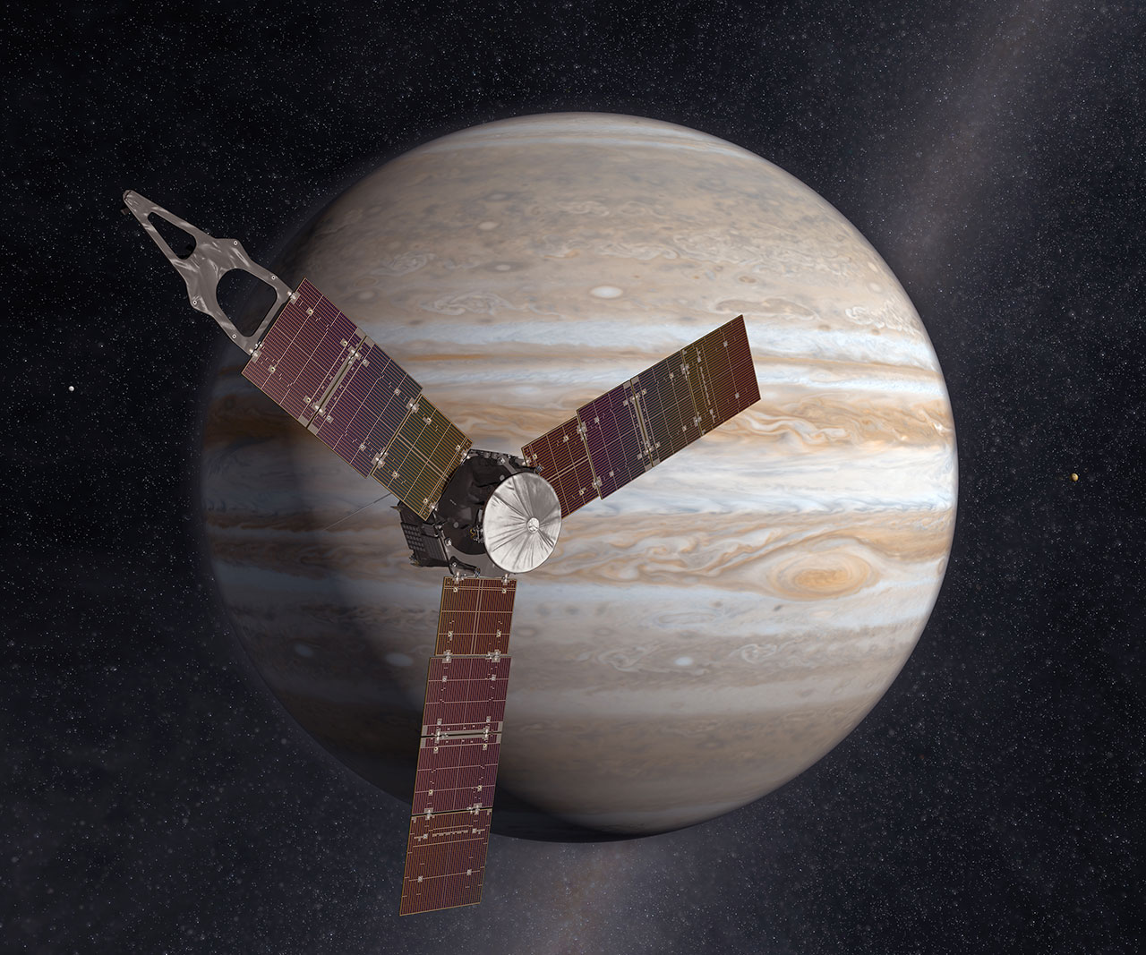 Artistꞌs rendering of NASA’s Juno spacecraft arriving in orbit