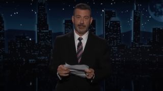 Jimmy Kimmel reading a "prepared statement" during his return monologue on Jimmy Kimmel Live.