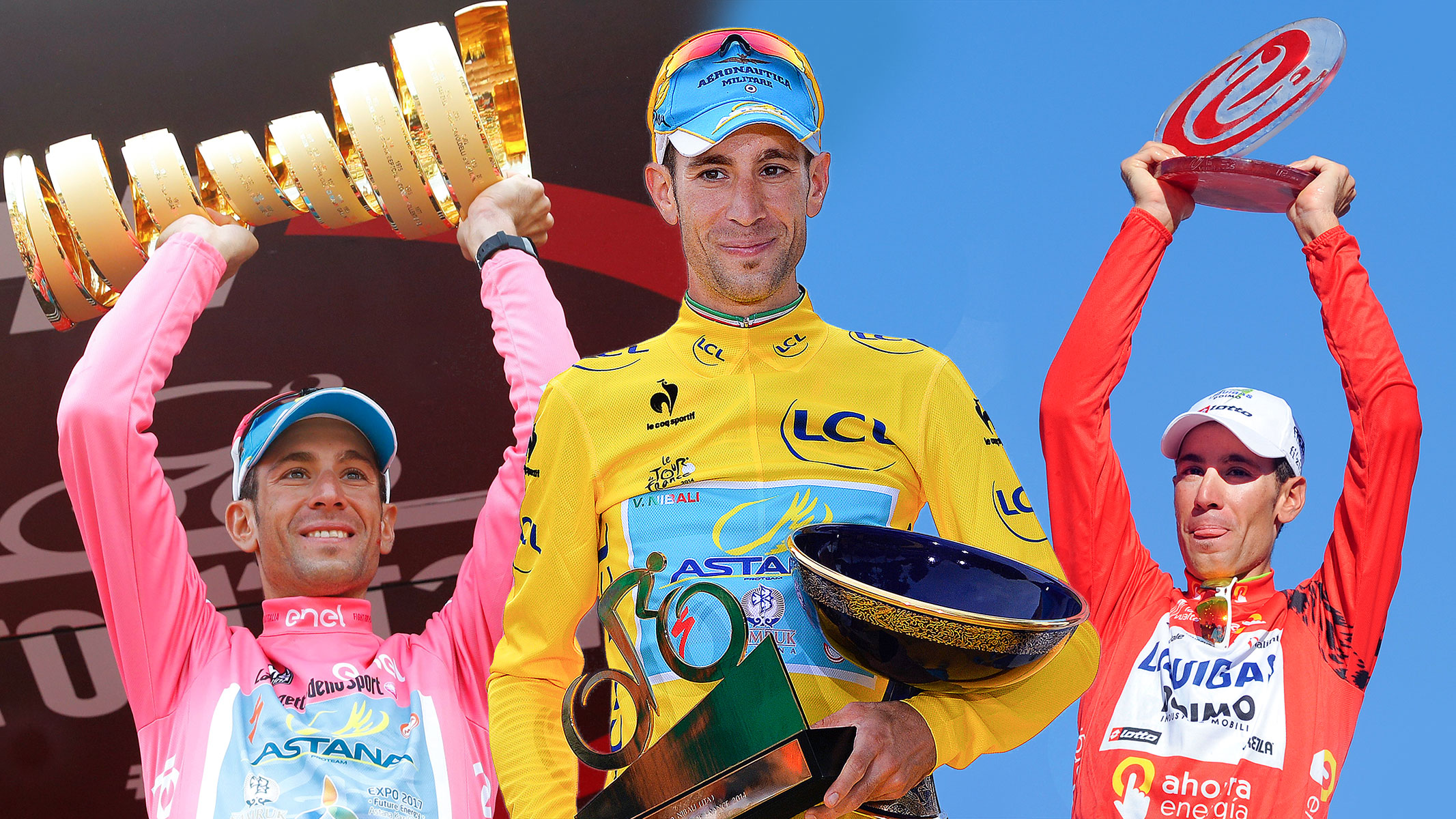 Vincenzo Nibali celebrating wins at the 2016 Giro d'Italia, 2014 Tour de France, and 2010 Vuelta a Espana Getty Images composite