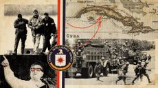 Photo collage of Nicolas Maduro in US custody, Salvador Allende speaking, a vintage map of Cuba with arrows pointing to the Bay of Pigs, a photo of combatants in the Sandinista Revolution in Nicaragua, and the CIA seal.