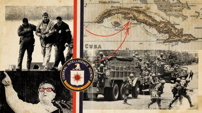 Photo collage of Nicolas Maduro in US custody, Salvador Allende speaking, a vintage map of Cuba with arrows pointing to the Bay of Pigs, a photo of combatants in the Sandinista Revolution in Nicaragua, and the CIA seal.