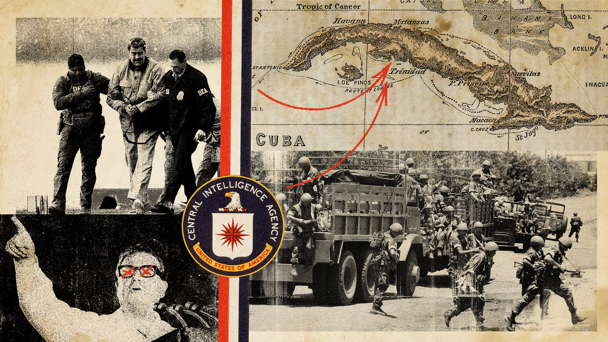 Photo collage of Nicolas Maduro in US custody, Salvador Allende speaking, a vintage map of Cuba with arrows pointing to the Bay of Pigs, a photo of combatants in the Sandinista Revolution in Nicaragua, and the CIA seal.