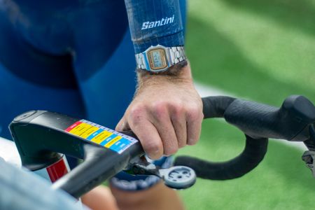Jakob S&ouml;derqvist wearing a Casio wristwatch at the finish of 2026 Paris-Roubaix