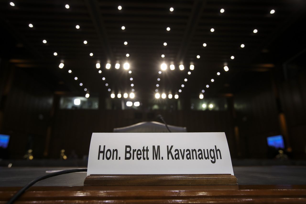 A nameplate for Brett Kavanaugh 