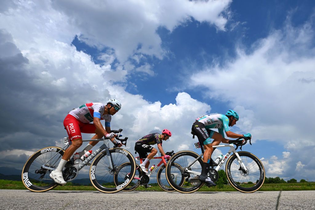 PADOVA ITALY MAY 23 LR Maestri of Italy and Team Polti Kometa Mikkel Frolich Honore of Denmark and Team EF Education EasyPost and Filippo Fiorelli of Italy and Team VF Group Bardiani CSF Faizane compete in the breakaway during the 107th Giro dItalia 2024 Stage 18 a 178km stage from Fiera di primiero to Padova UCIWT on May 23 2024 in Padova Italy Photo by Tim de WaeleGetty Images
