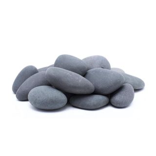 A stack of smooth, round charcoal pebbles
