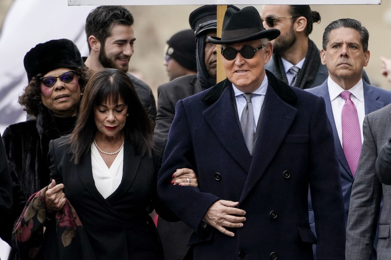 WASHINGTON, DC - FEBRUARY 20: Roger Stone, former adviser to U.S. President Donald Trump, with his wife Nydia arrives at E. Barrett Prettyman United States Courthouse on February 20, 2020 in 