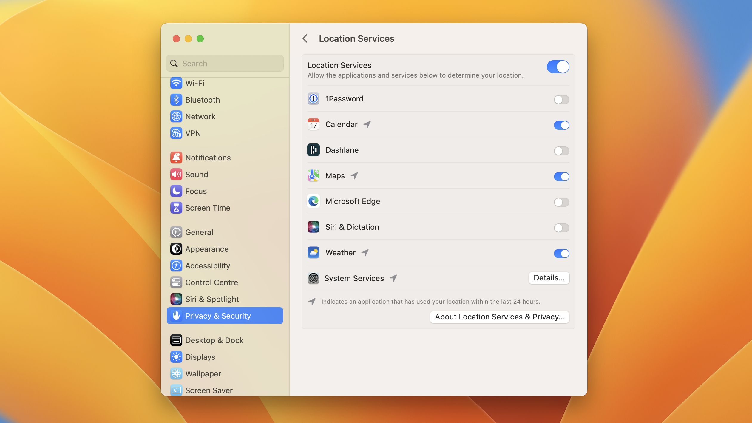 The Location Services panel in macOS Ventura's System Preferences app, which shows different apps and whether they have location data enabled.