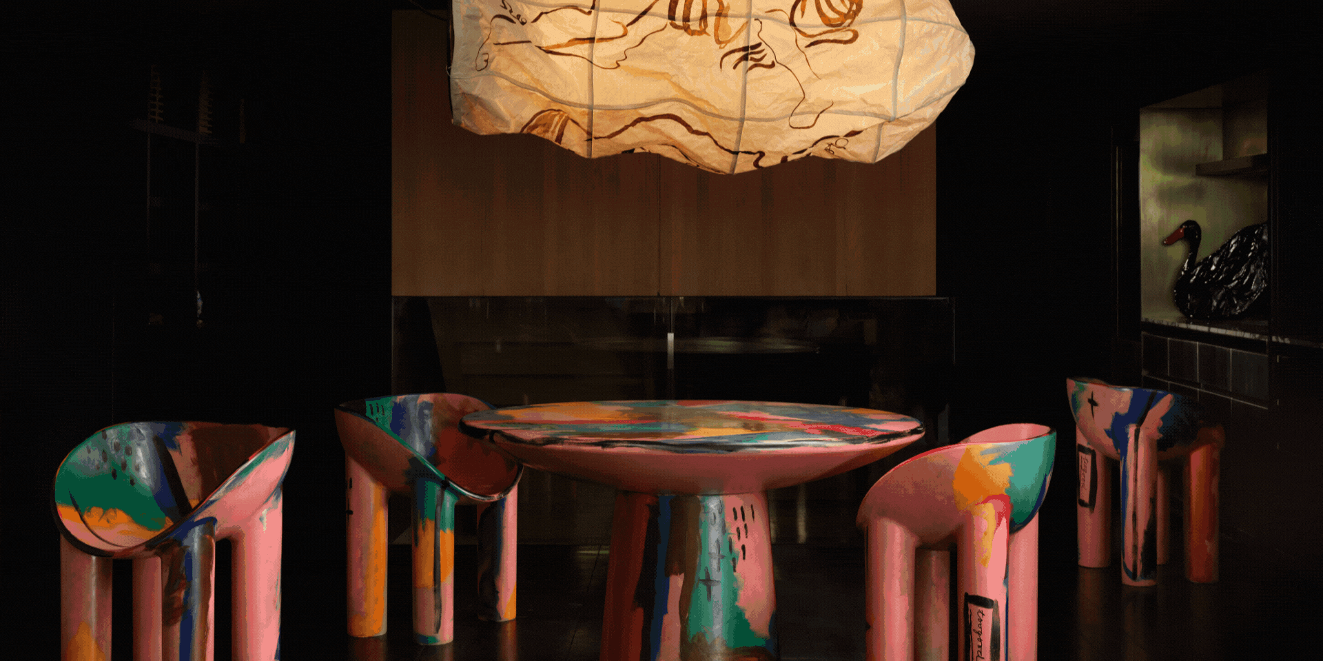 A revolving gif of design showrooms and projects with whimsical, colorful features.