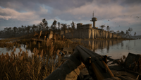 Screenshot from Stalker 2. A view over a swamp and water treatment facility.