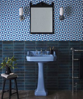 bathroom with blue tiles on walls and blue pedestal sink