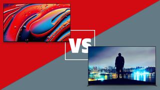 The Sony Bravia 8 II and Sony Bravia 9 on a red and grey background with a white versus sign between them.