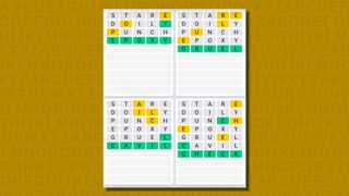 Quordle daily sequence answers for game 612 on a yellow background