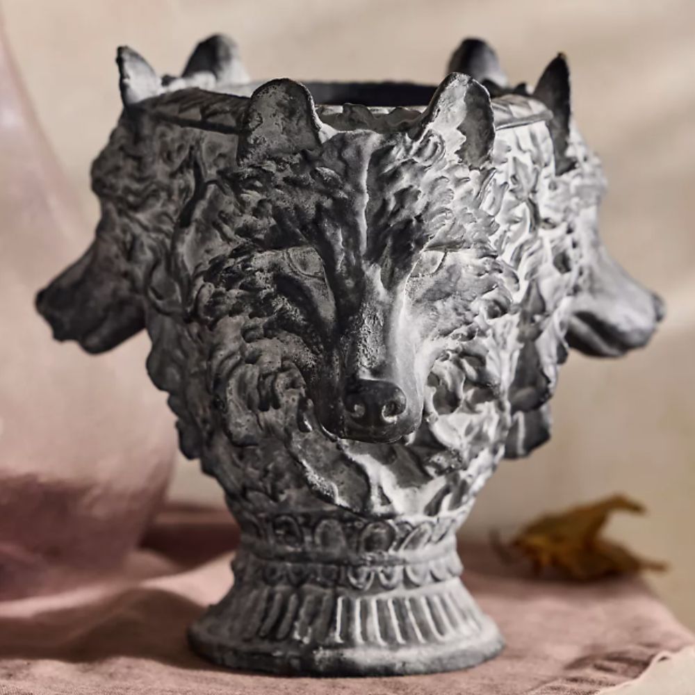 Dog head cast iron planter