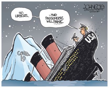 Political Cartoon U.S. Trump COVID panic Titanic