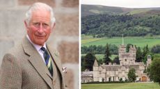 King Charles seen wearing a tweed blazer and tie alongside a picture of Balmoral Castle