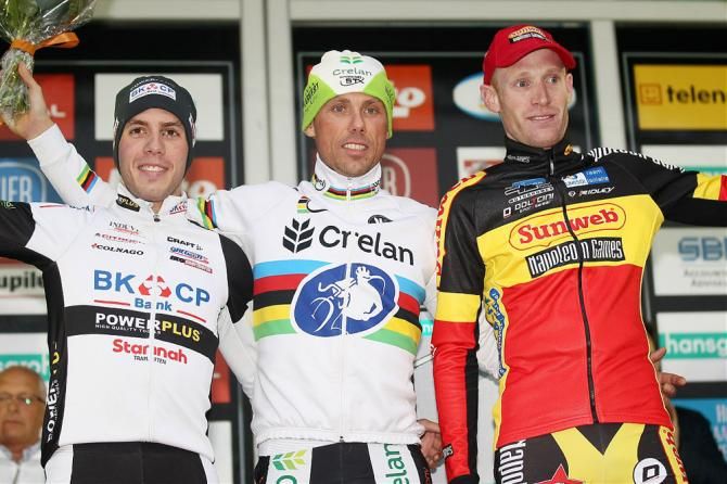 Elite men's podium at Superprestige Gavere (L-R): Philipp Walsleben, Sven Nys and Klaas Vantornout