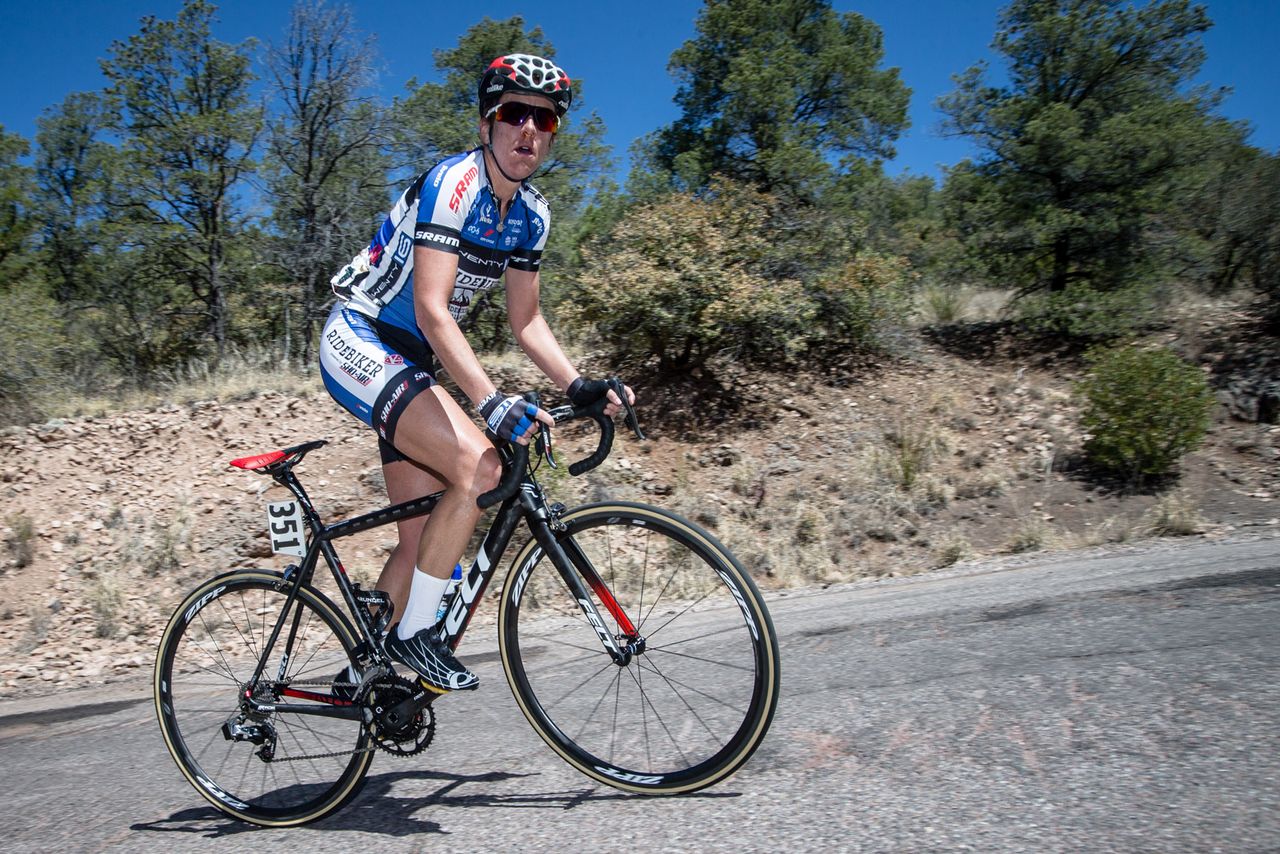Kristin Armstrong (Twenty 16) looks to see how much farther to the top