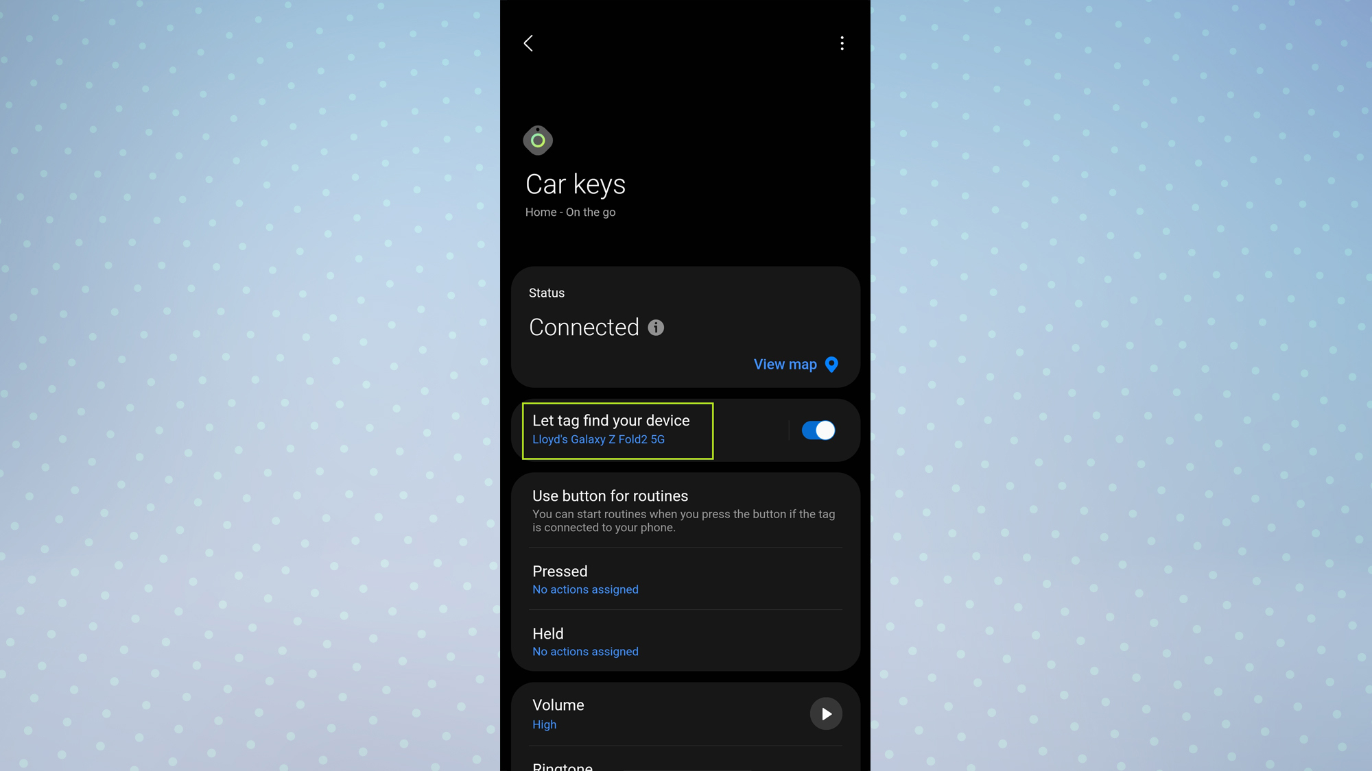 Samsung SmartThings app on SmartTag menu page