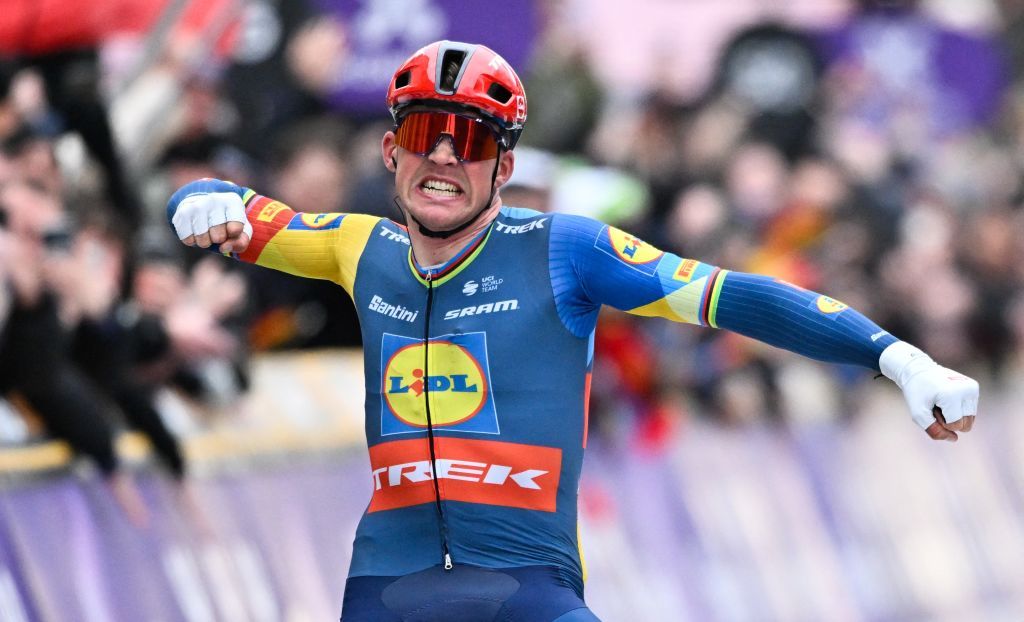 Danish Mads Pedersen of Lidl-Trek celebrates after winning the men&#039;s Gent-Wevelgem - In Flanders Fields cycling race, 253.1 km from Ieper to Wevelgem, Sunday 24 March 2024. BELGA PHOTO ERIC LALMAND (Photo by ERIC LALMAND / BELGA MAG / Belga via AFP)