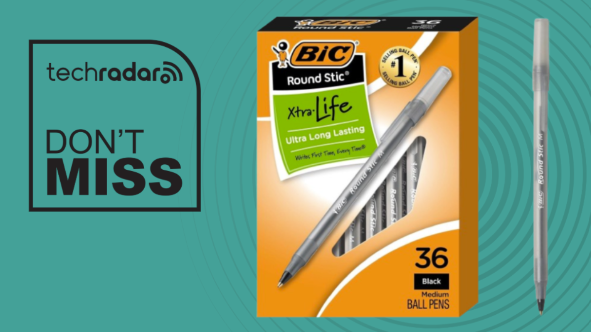 Bic Round Stic on a cyan background next to a TechRadar badge that reads 'Don't Miss'