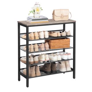 metal shoe rack with four levels and a stylish wooden shelf on top