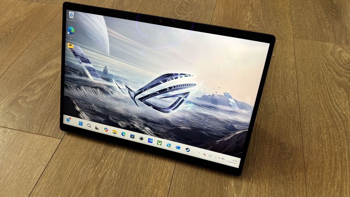 Asus ROG Flow Z13 gaming tablet on wooden surface