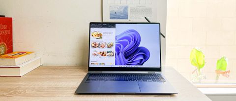 Samsung Galaxy Book 4 Pro 360 review unit on desk running Windows 11