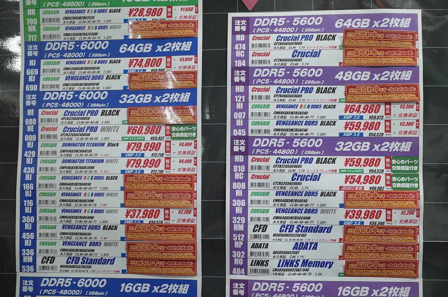DDR5 memory price list of TSUKUMO eX. The photo is from the evening of November 7th