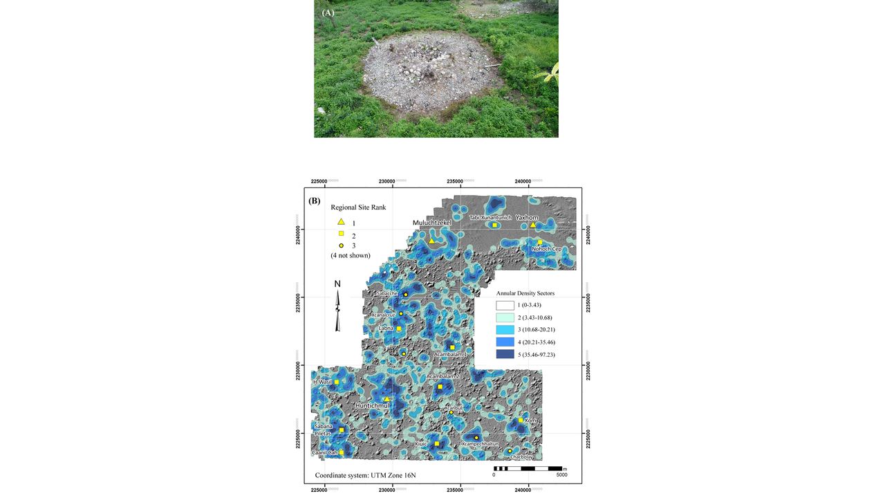 The remains (A) of a Maya stone oven and (B) a map showing the density of these stone ovens in the Puuc region.