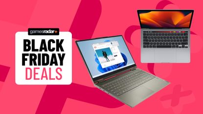 laptops on a pink background with Black Friday deals badge
