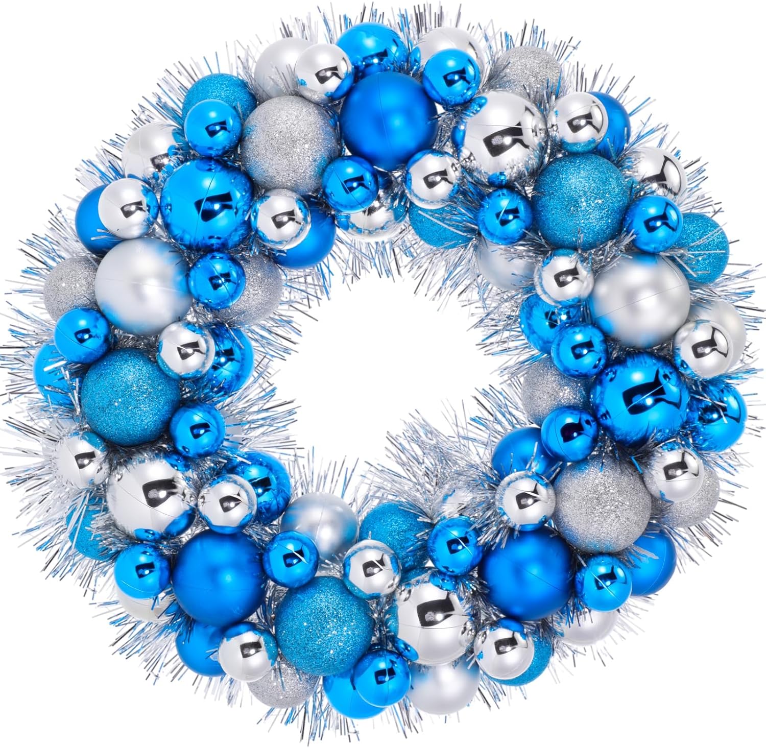Silipull 14 Inch Christmas Ball Wreath Christmas Ornaments Fireplace Table Decoration Home Party Decorative Shatterproof Hanging Ornament Ball Wreath for Front Door Window Wall(blue Silver)