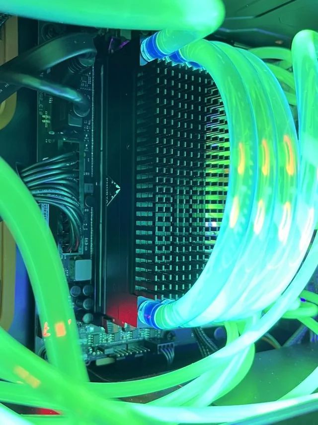 A custom liquid cooled gaming PC with UV fluorescent liquid