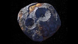 An illustration of the metal-rich asteroid 16 Psyche.