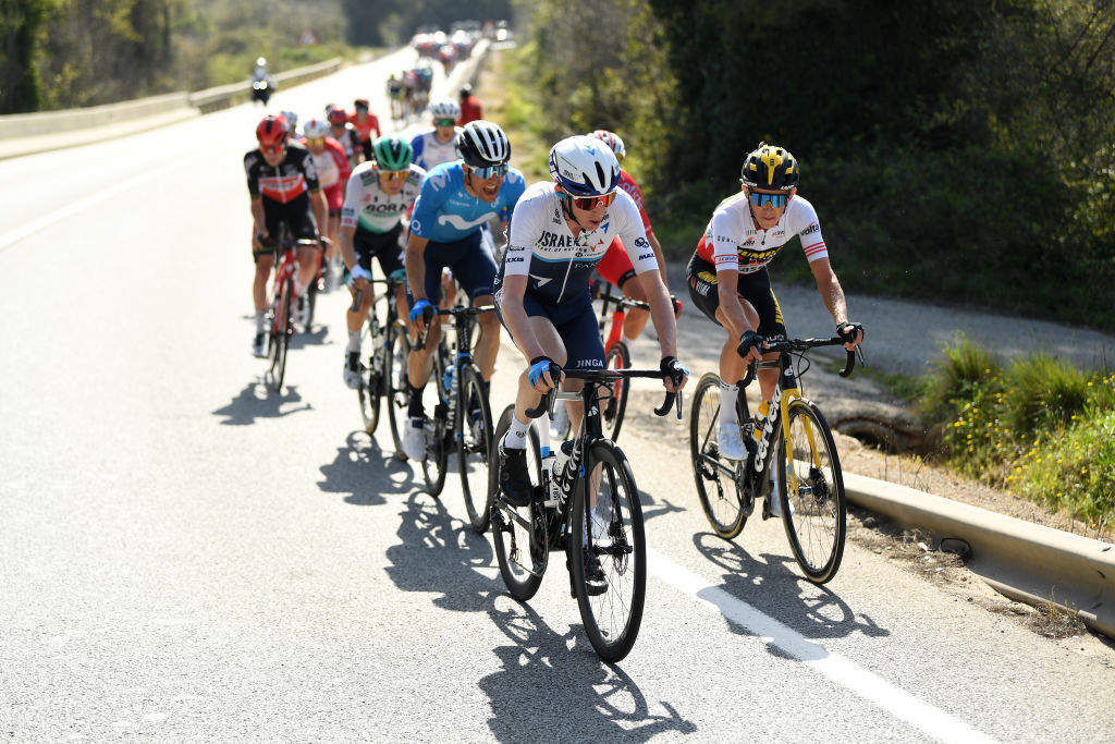BARCELONA SPAIN  MARCH 28 Daniel Martin of Ireland and Team Israel StartUp Nation  Koen Bouwman of Netherlands and Team Jumbo  Visma Red Mountain Jersey during the 100th Volta Ciclista a Catalunya 2021 Stage 7 a 133km stage from Barcelona to Barcelona Breakaway   VoltaCatalunya100  on March 28 2021 in Barcelona Spain Photo by David RamosGetty Images