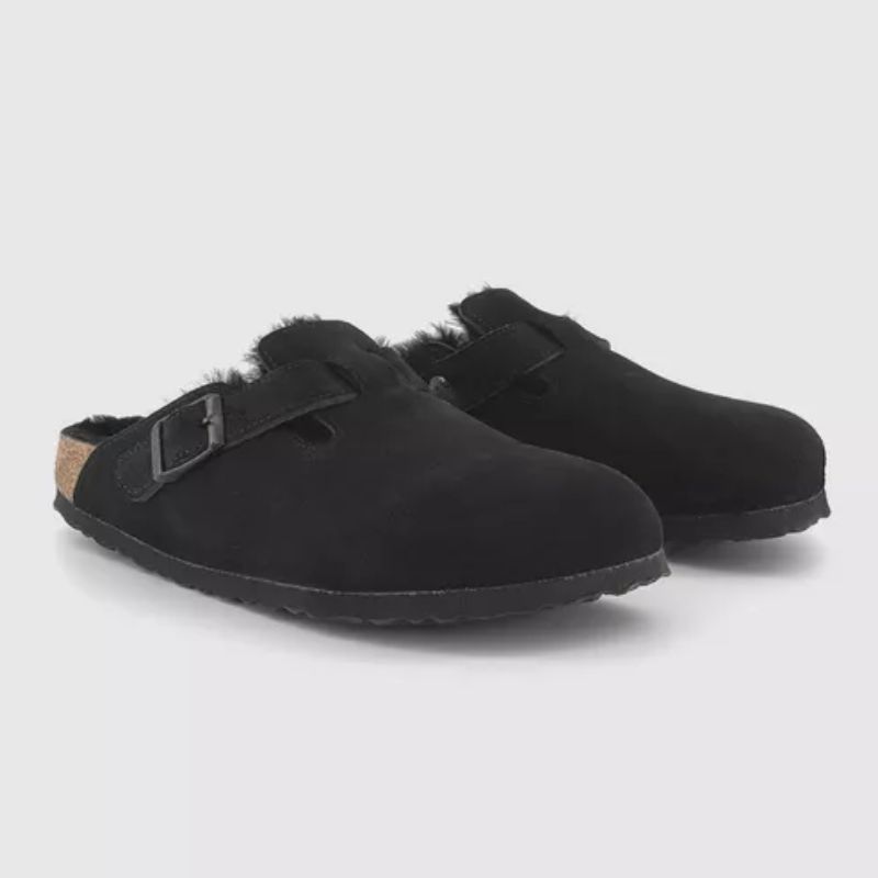 black, shearling lined birkenstock clogs