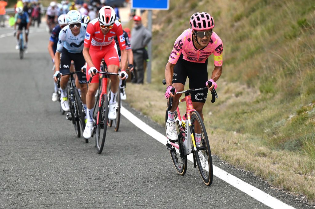 Richard Carapaz (EF Education-EasyPost) attacks on the category 1 Puerto Herrera on stage 18 of the Vuelta a Espana