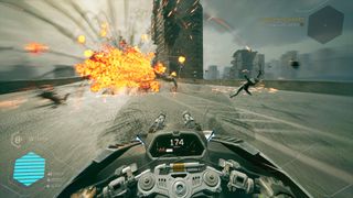 Ghostrunner 2 blowing up enemies on bike