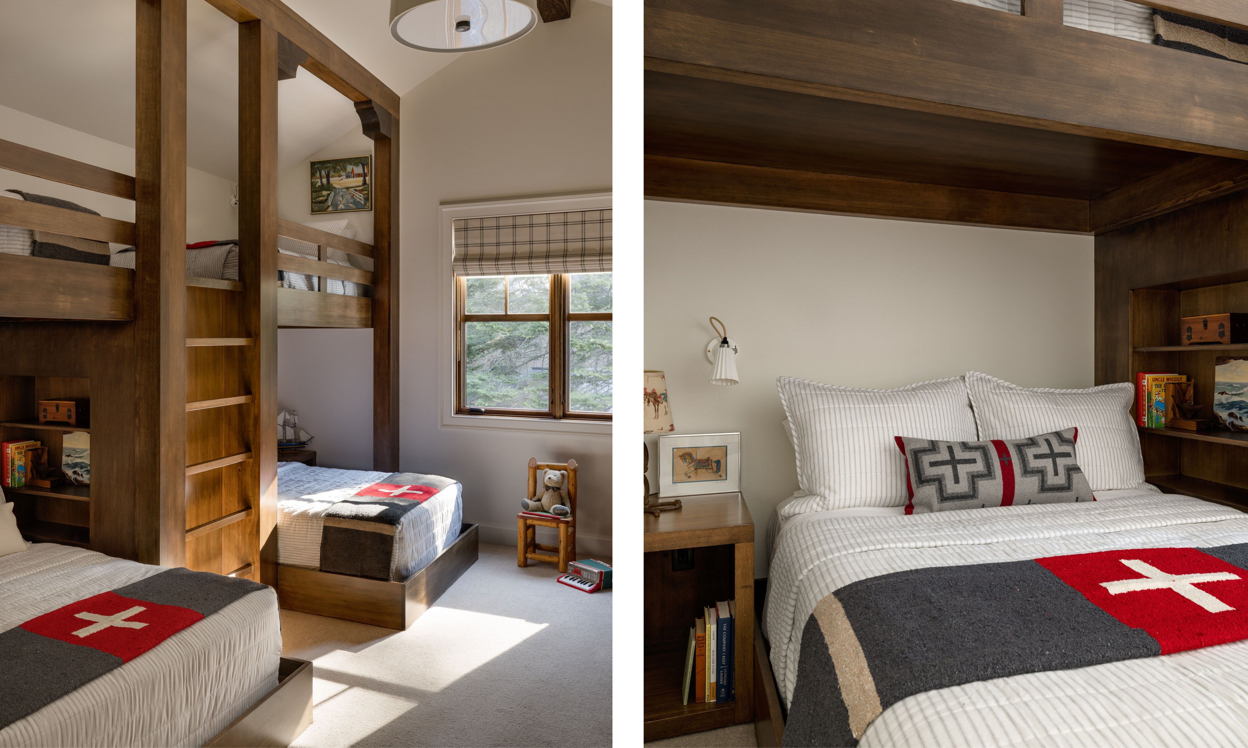 A bedroom with two bunk beds, each with a double bed on the lower level, wooden joinery, and warm white walls.