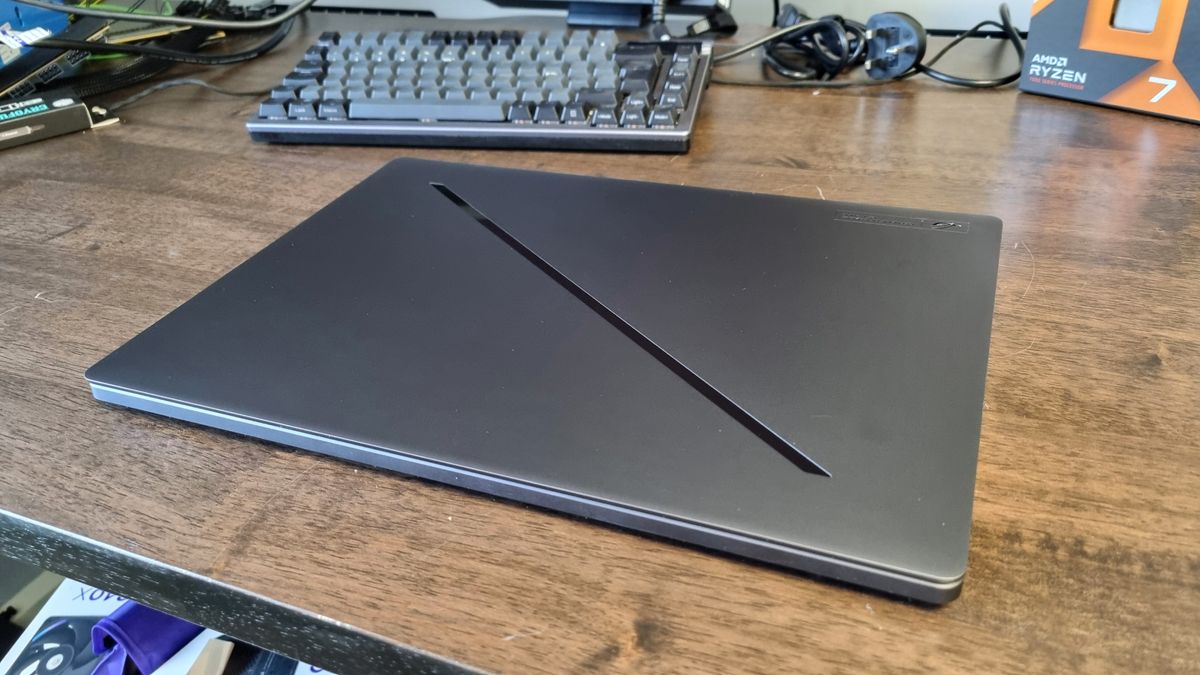 An Asus ROG Zephyrus G16 2026 shot from various angles on a test bench