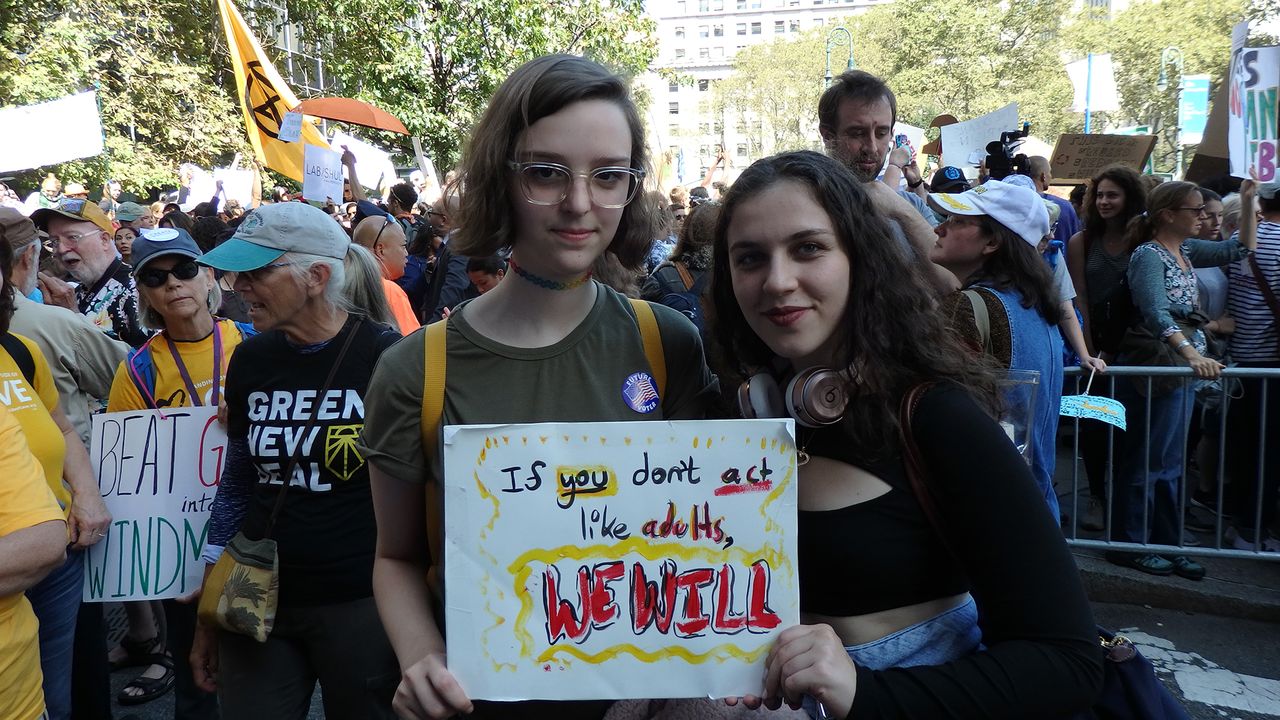 Protesters in New York gathered in Foley Square before marching to Battery Park, to protest world leader's inaction during a climate crisis.