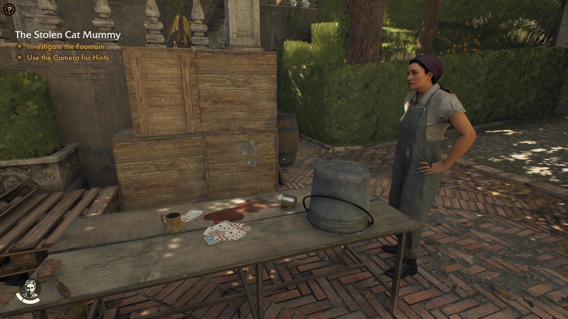 Indiana Jones and the Great Circle screenshot of a woman standing beside a table where cards are splayed out beside two cups and a wine stain