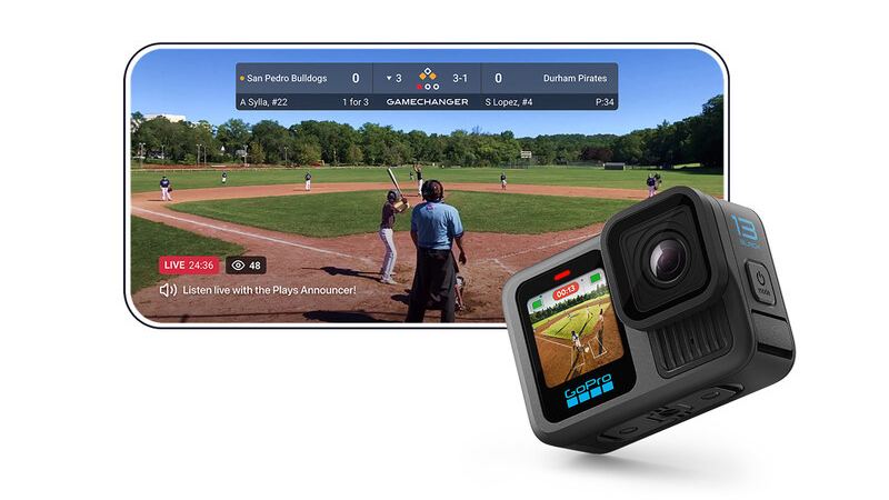 A GoPro Hero13 Black with a smartphone live streaming a youth baseball game