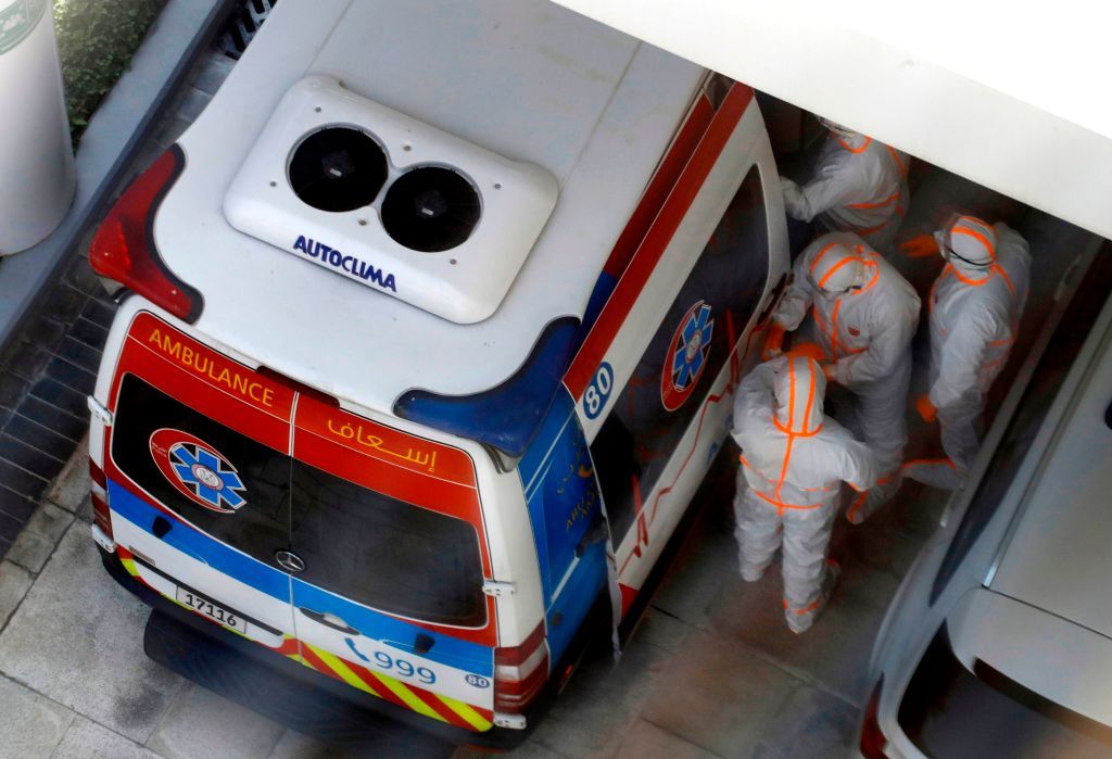 This picture picture taken on February 28 2020 shows an ambulance and an emergency medical response team on the scene at the Crowne Plaza hotel at Yas Island Abu Dhabi where two Italian cyclists participating in the UAE Tour tested positive for COVID19 coronavirus disease prompting the cancellation of the final stages of the cycling event Photo by AFP Photo by AFP via Getty Images