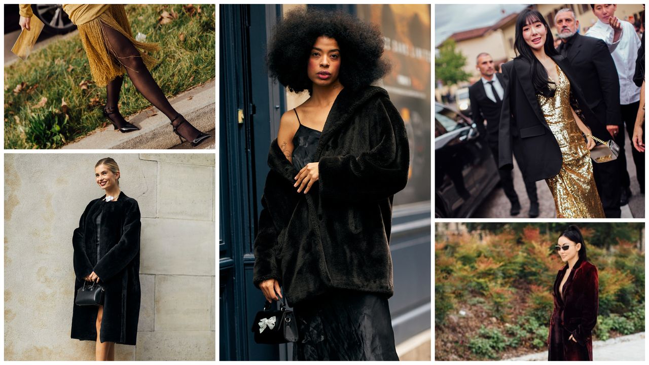 A collage graphic of women wearing winter wedding guest dresses in gold, black, red velvet, and fur