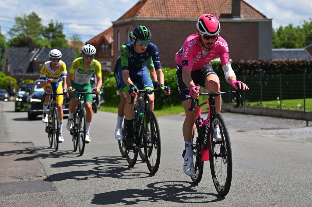 MONTDELENCLUS BELGIUM MAY 29 LR Victor Vercouillie of Belgium and Team FlandersBaloise Theo Bonnet of Belgium and Team Philippe WagnerBazin Nathan Smith of The United Kingdom and Team Novo Nordisk and Maximilien Juillard of France and Team Van RyselRoubaix compete in the breakaway during the 83rd Circuit FrancoBelge 2024 a 1906km one day race from Tournai to MontdelEnclus on May 29 2024 in MontdelEnclus Belgium Photo by Luc ClaessenGetty Images